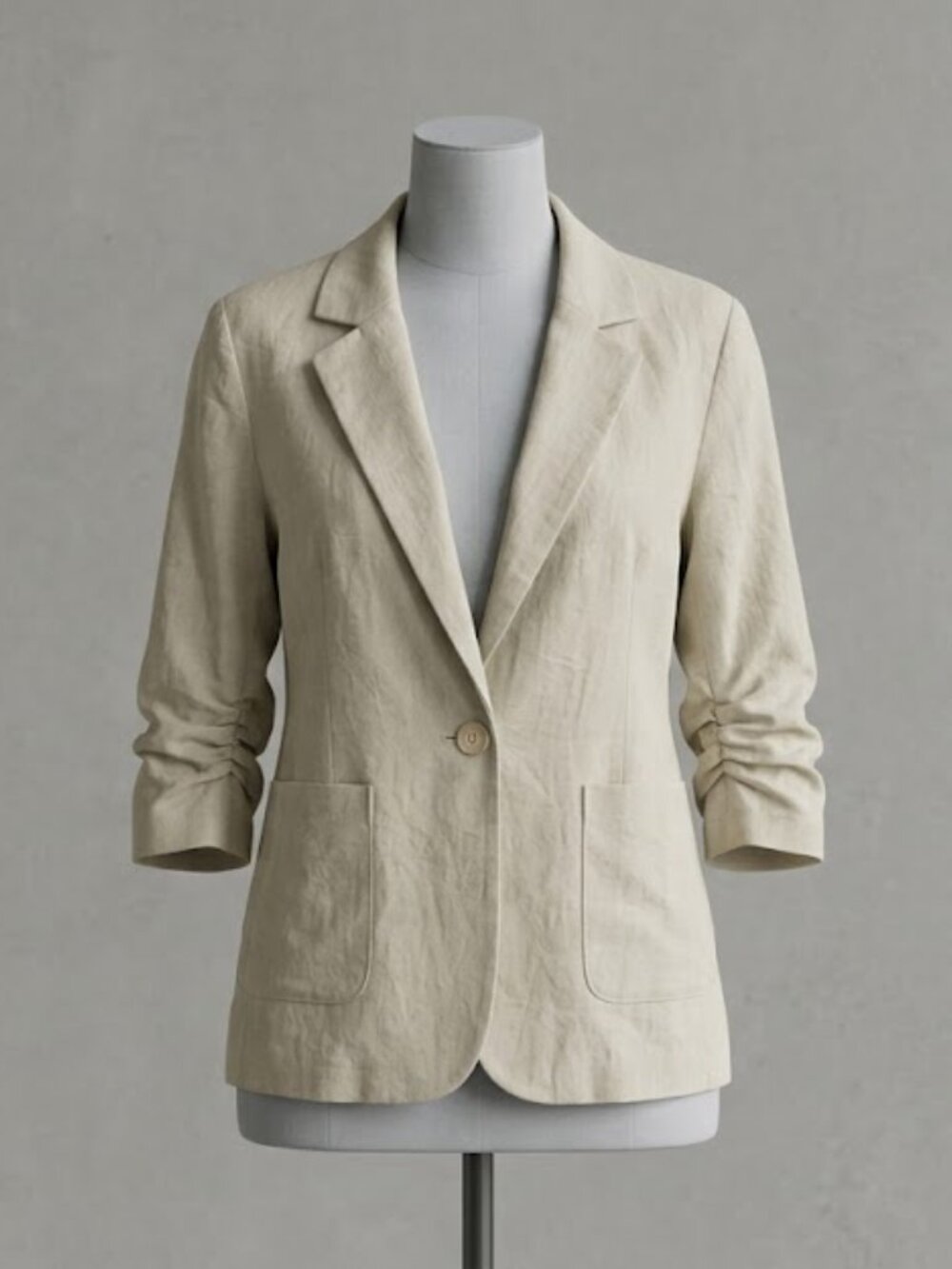 Mina Self Linen Blend Casual Lightweight Beige Blazer Jacket - Size L